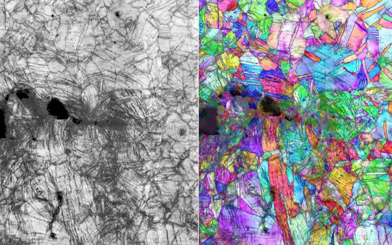 Door microscopie gegenereerde afbeeldingen die het pad van een breuk en de bijbehorende vervorming van de kristalstructuur in de CrCoNi-legering op nanometerschaal tonen tijdens stresstests bij 20 kelvin (-253 Celsius). De breuk breidt zich van links naar rechts uit. 