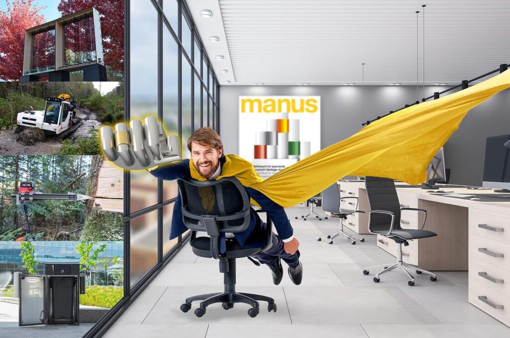 kantoormedewerker speelt superman met een manus award in zijn hand. Links inzetjes met de winaars van vorig jaar