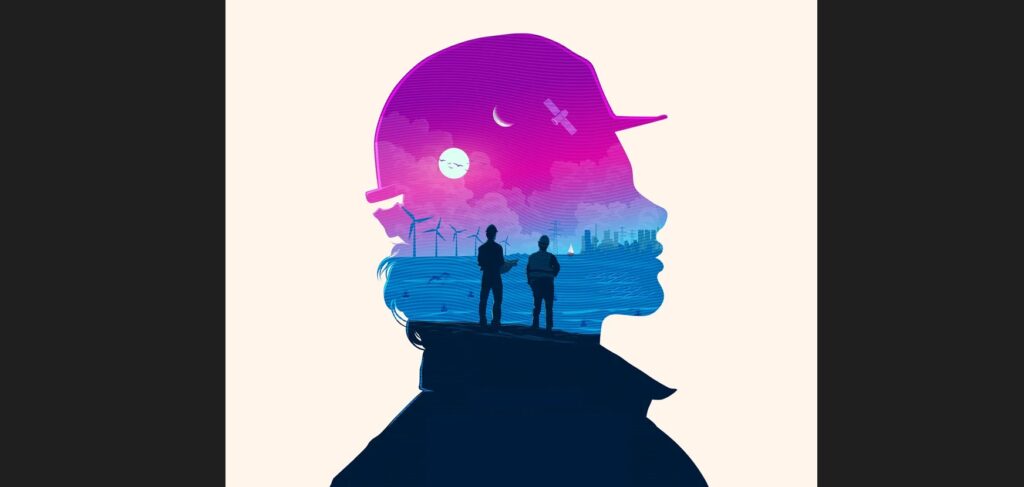 silhouet van man met bouwhelm ingevuld met 2 mannen die windmolens en hoogspanningsmasten op zee bekijken