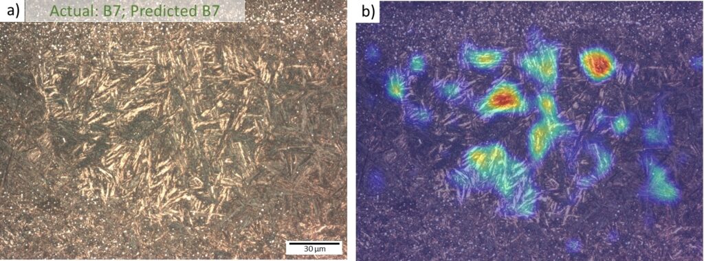 Visualisatie van de korrelgroottekwalificatie van het model aan de hand van een voorbeeld van een bainitisch 100Cr6 beeld met een heterogene microstructuur (a). In afbeelding (b) zijn gebieden die het model nauwlettend in de gaten houdt, met name grove kristallieten, rood en geel gemarkeerd.